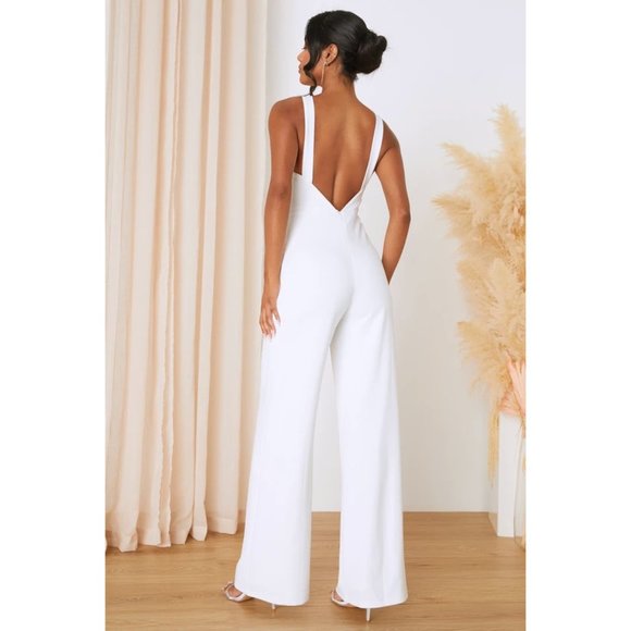Lulus Iconic Impulse Backless Wide Leg Jumpsuit w/Split Halter Neck Straps White - Picture 3 of 6